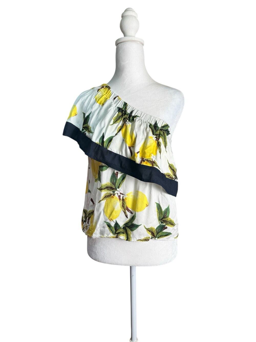 Lucca Lemon Print One Shoulder Top Ruffle Asymmetrical Coastal Italian Summer S